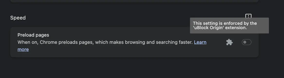 uBlock Origin deaktiviert die Preload Pages-Funktion zwangsweise.